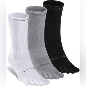 aomagic Toe Running Socks Unisex, 3pk Medium Black, White, Gray New
